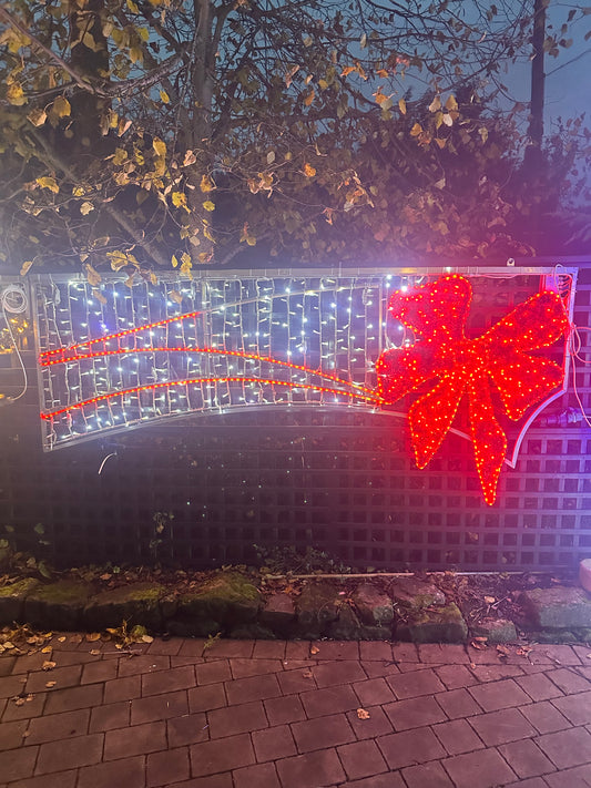 Outdoor Christmas Decor - White String Lights With LED Red Ribbon