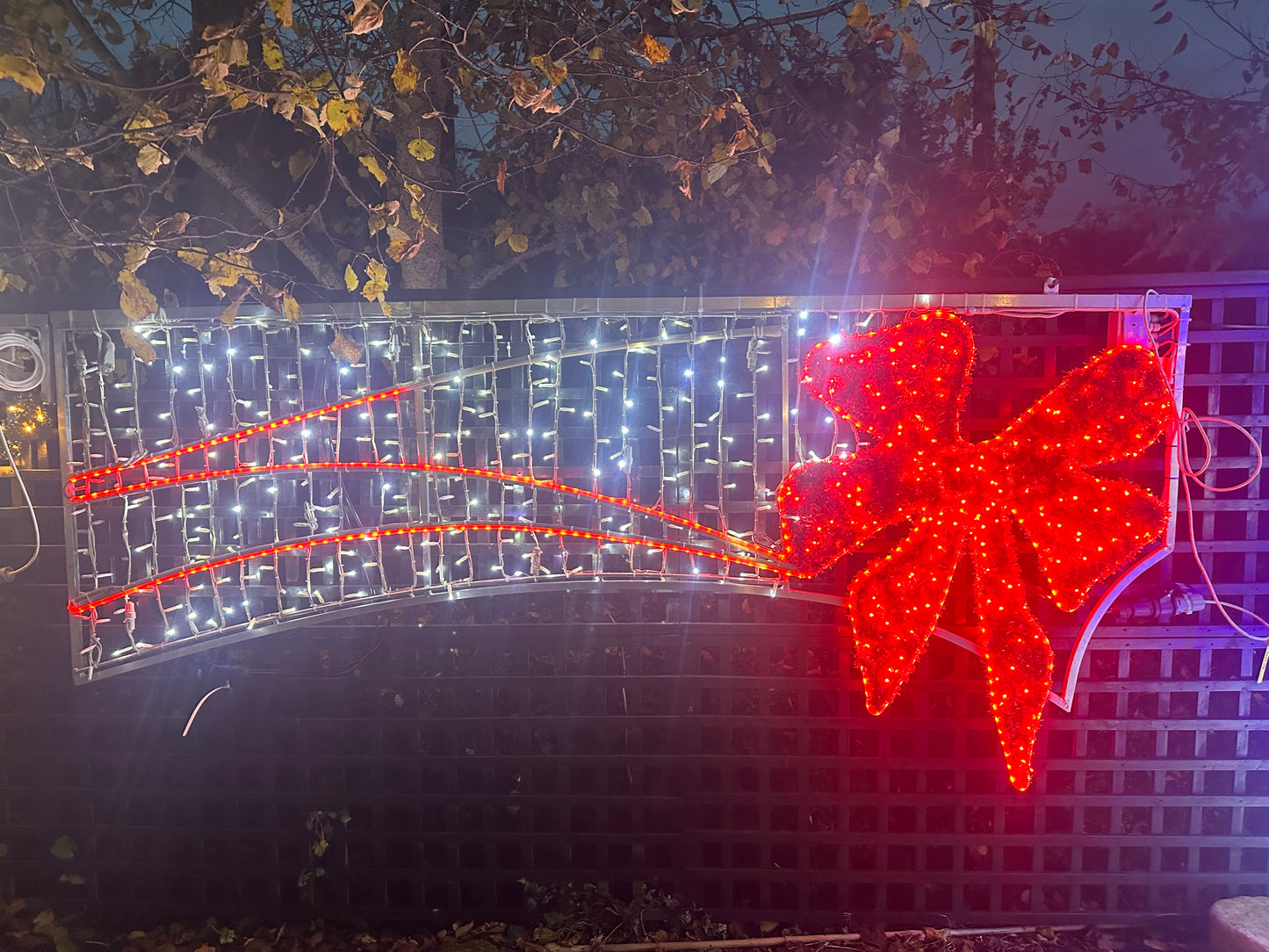 Outdoor Christmas Decor - White String Lights With LED Red Ribbon